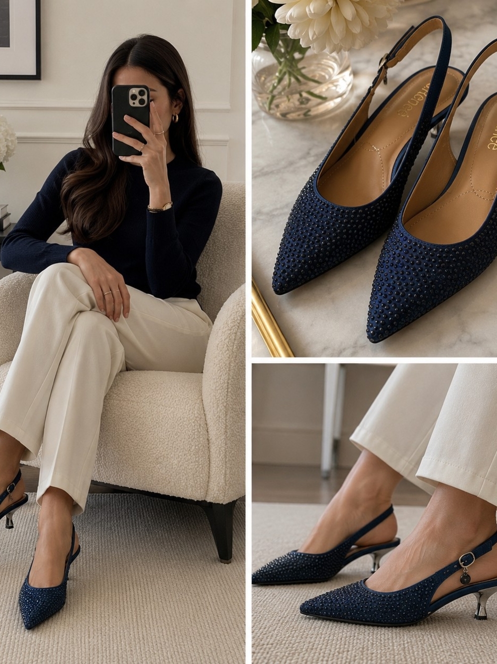 J.Renee Navy Crystal-Embellished Pointed Slingback Heels